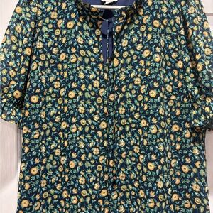 Navy Floral Blouse with Keyhole Detail